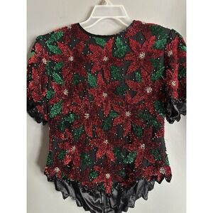 Vintage Holiday Scala Poinsettia Sequin Beaded 100% Silk Top Women's Size 2XL